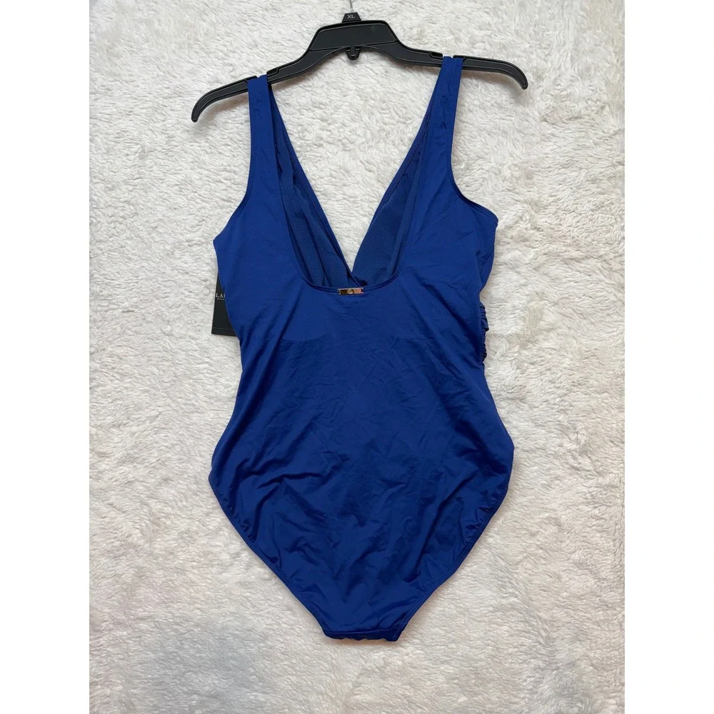 Lauren Ralph Lauren Swimsuit Women XXL Blue Surplice‎ Ruched One Piece NWT